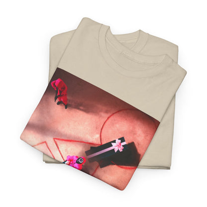 Squid Game Unisex Men’s Women’s Graphic Cotton Funny T Shirt Tee featuring a striking design inspired by the popular Netflix series, displayed stylishly and elegantly stacked.