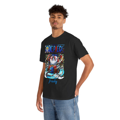 Stylish male model wearing a One Piece Franky graphic tee, featuring an intricate illustration of the character Franky, exuding a sense of adventure and anime culture.