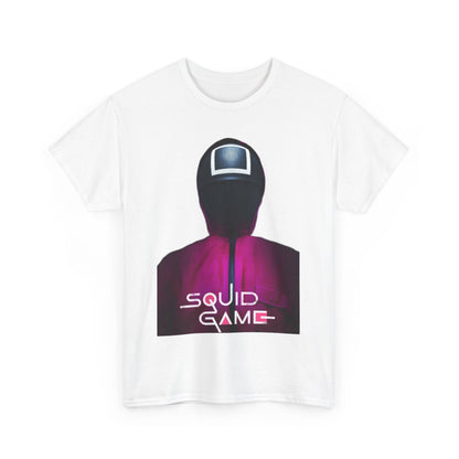 Sophisticated t-shirt in white, adorned with an artistic representation from Squid Game, highlighting a character's iconic mask and stylish colour palette.