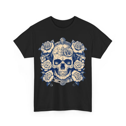 Front view of the Skulls and Roses Cotton Tee in elegant black, featuring an intricate skull and rose graphic, perfect for making a bold and luxurious statement.