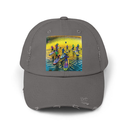 Unisex Distressed Paddleboarders Cap featuring a vibrant fantasy scene, perfect for beach and river adventures, showcasing paddleboarders amidst a stunning sunset.