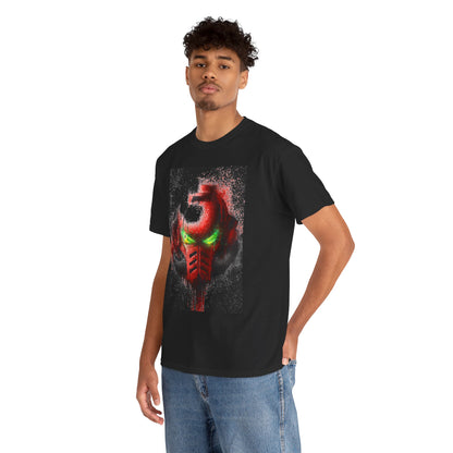 Chic male model wearing a premium black t-shirt with an explosive helmet graphic, reflecting a blend of humour and modern design for casual outings.