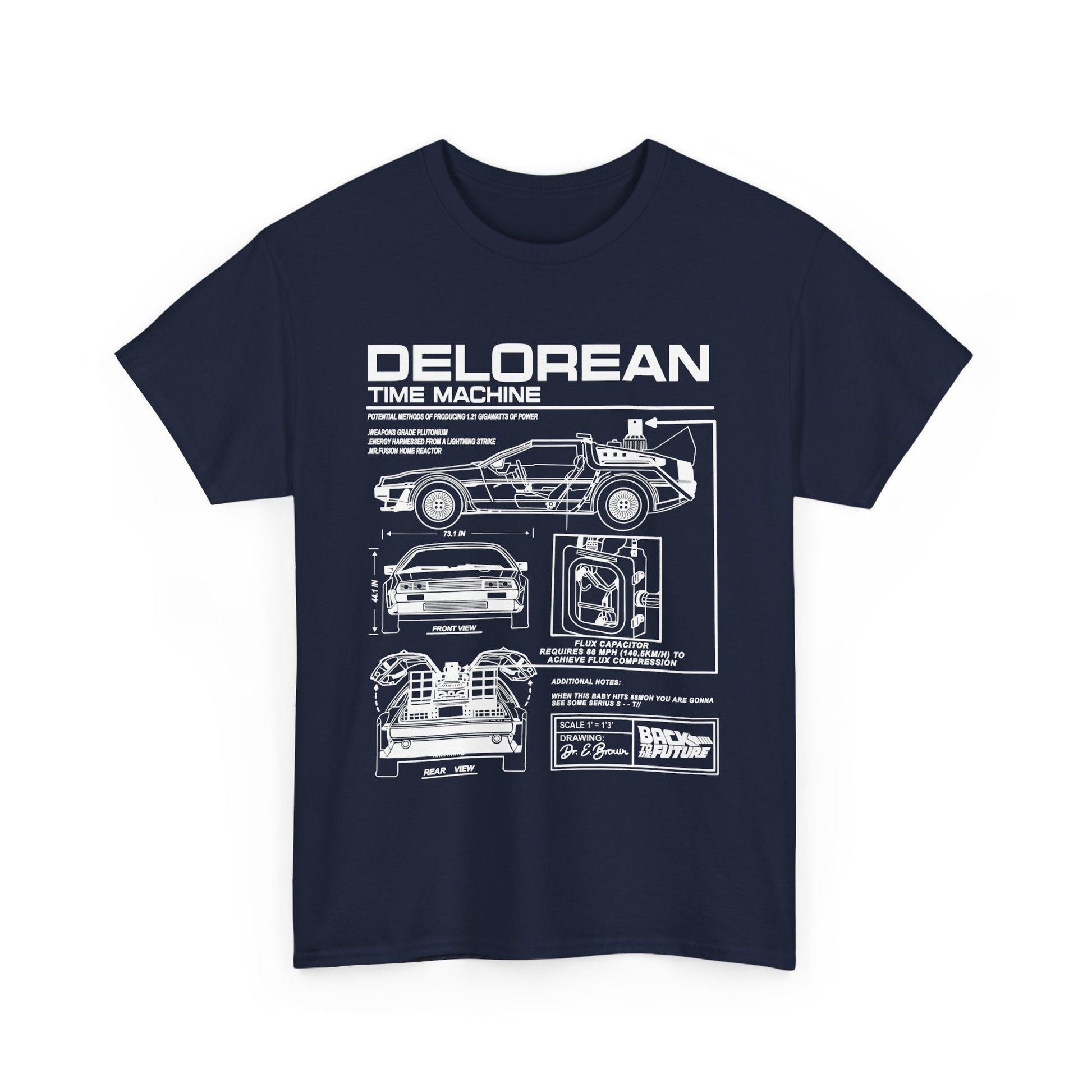 Exclusive navy blue t-shirt featuring a detailed technical illustration of the DeLorean time machine from Back to the Future, highlighting its iconic design and engineering.