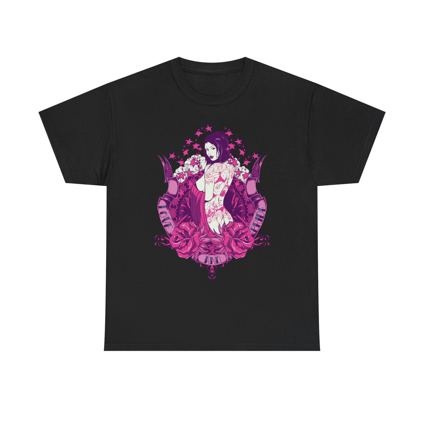 Stylish graphic men's t-shirt with striking tattoo-inspired artwork in pink and purple tones, elegantly displayed against a sophisticated black backdrop.
