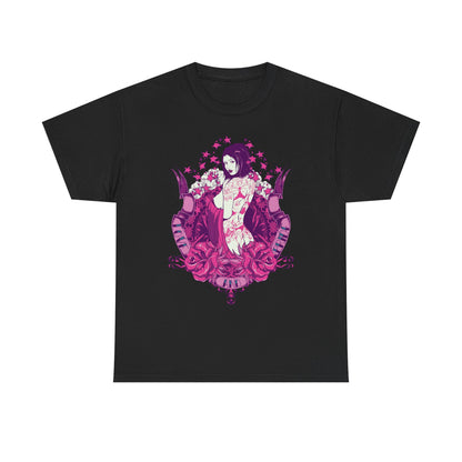 Stylish graphic men's t-shirt with striking tattoo-inspired artwork in pink and purple tones, elegantly displayed against a sophisticated black backdrop.