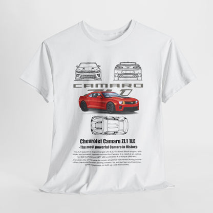 Sophisticated white Chevrolet Camaro ZL1 1LE T-shirt laid flat, showcasing high-quality print and luxurious fabric, designed for car aficionados.