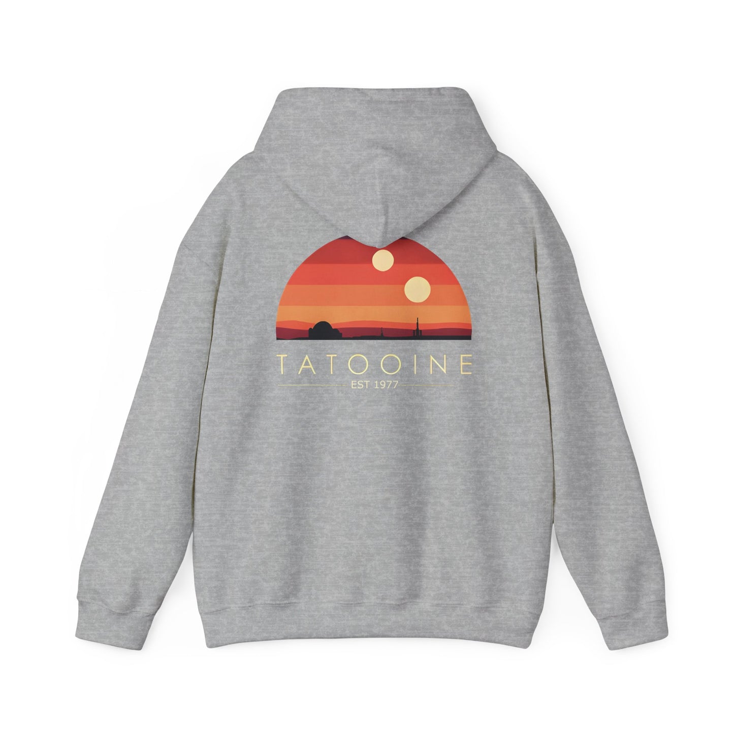 Stunning Tatooine Sunset Back Print Hoodie featuring a vibrant sunset scene inspired by Star Wars, designed for luxury cosmic adventure.