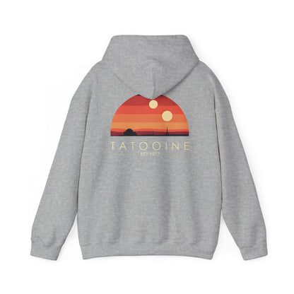 Stunning Tatooine Sunset Back Print Hoodie featuring a vibrant sunset scene inspired by Star Wars, designed for luxury cosmic adventure.