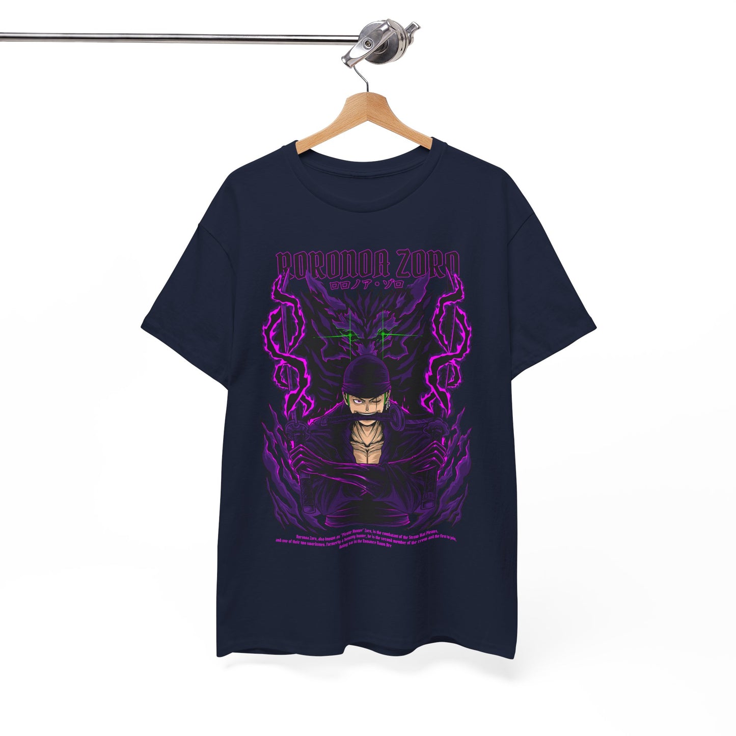 Elegant navy tee showcasing Roronoa Zoro, designed with eye-catching purple visuals and bold typography, enhancing your casual wardrobe with a touch of anime-inspired luxury.