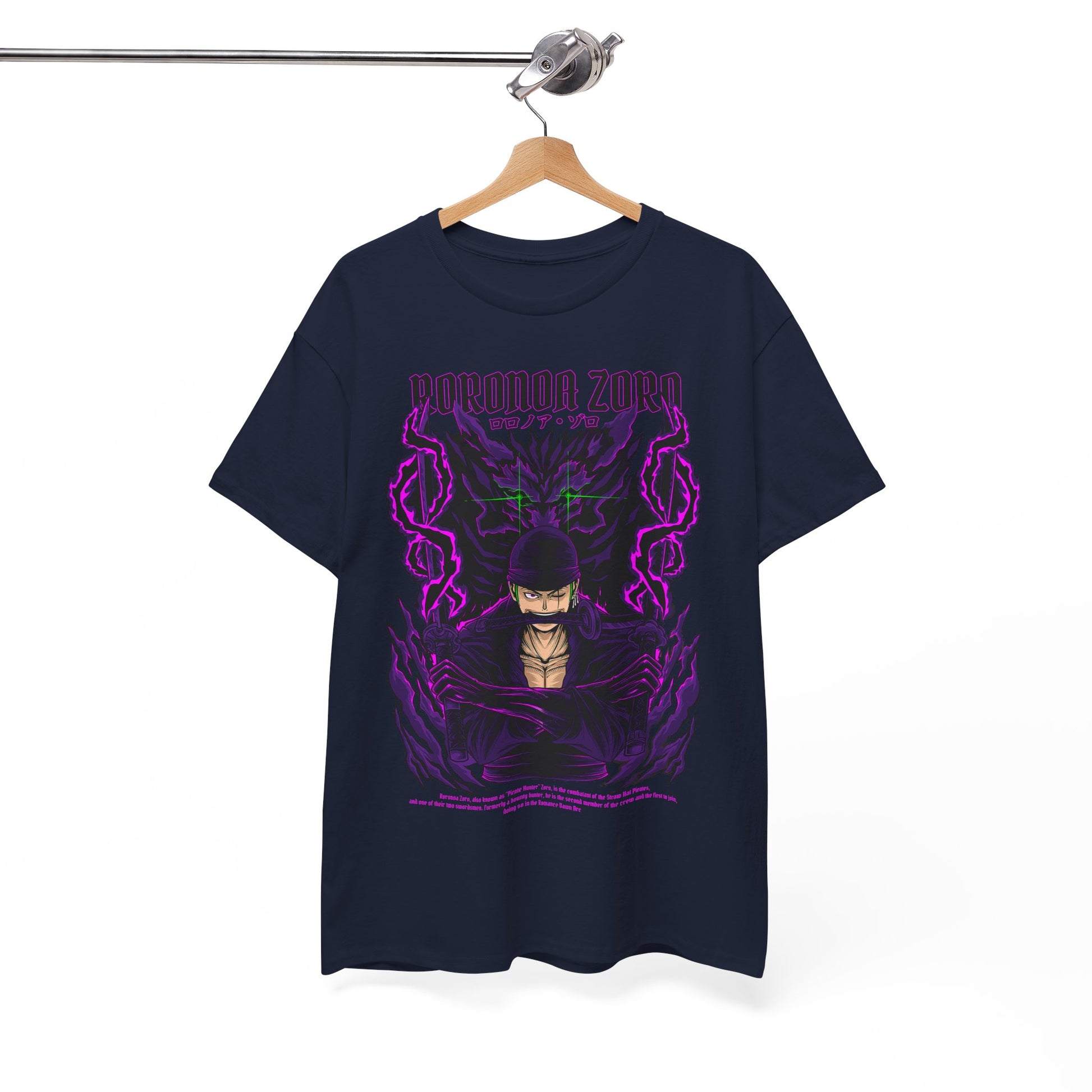 Elegant navy tee showcasing Roronoa Zoro, designed with eye-catching purple visuals and bold typography, enhancing your casual wardrobe with a touch of anime-inspired luxury.