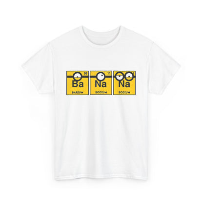 Men's Funny T-Shirt showcasing the Minions Periodic Table Design featuring Ba, Na, Na in a stylish format. This unique T-shirt combines fun with science, making it a great choice for any fan of Minions.