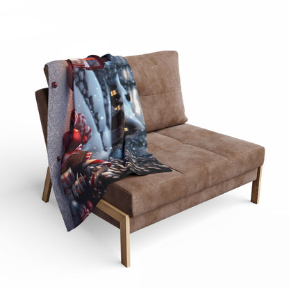Luxurious Decorative and Warm Christmas Arctic Fleece Blanket draped over a modern brown sofa, showcasing a charming winter scene of festive decorations.