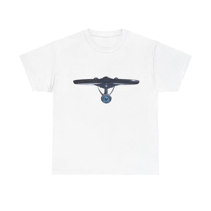 USS Enterprise Star Trek Graphic Unisex T-Shirt in pristine white colour, featuring a detailed print of the iconic starship on the front, embodying luxury and style for fans.