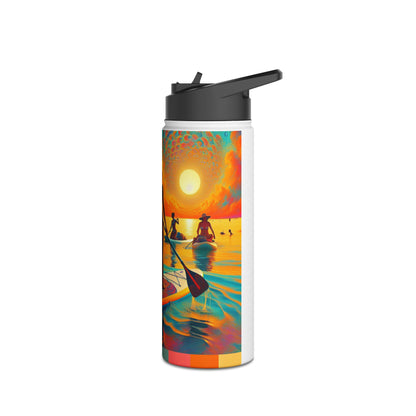 Elegant Fantasy Paddleboarding Stainless Steel Water Bottle showcasing a serene sunset over water with paddlers, a perfect blend of beauty and functionality.