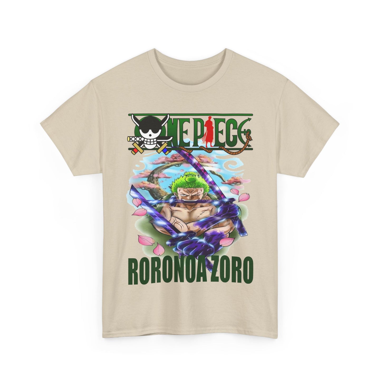 Noble Roronoa Zoro graphic T-shirt displayed in a soft beige colour, showcasing a dynamic illustration of the character, an exquisite addition for fans of the esteemed anime series.