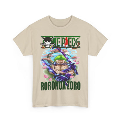 Noble Roronoa Zoro graphic T-shirt displayed in a soft beige colour, showcasing a dynamic illustration of the character, an exquisite addition for fans of the esteemed anime series.