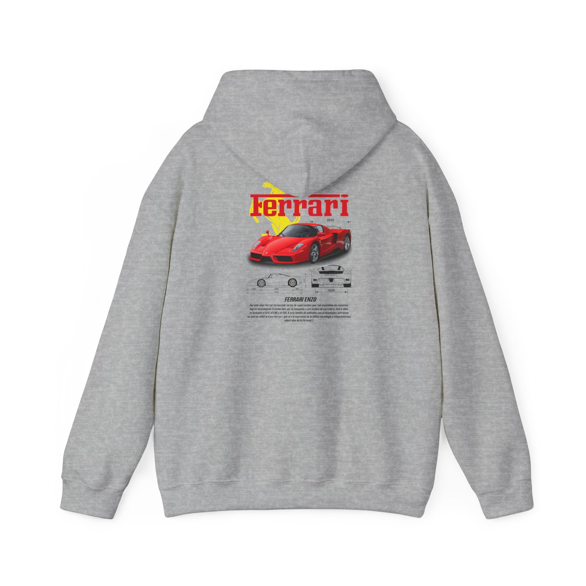 Elegant grey hoodie displaying a stunning Ferrari Enzo back print, ideal for car collectors and fashion aficionados.