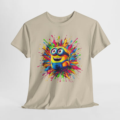 Artistic Minion Paint Splash Funny T-Shirt, beautifully displaying bold colours and a cheerful Minion design. A perfect choice for casual wear or a special gift.