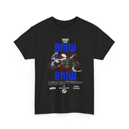 Stylish black men's t-shirt featuring bold BMW S1000RR motorcycle graphic design with 'BIKER LIFE' text, perfect for motorcycle enthusiasts.