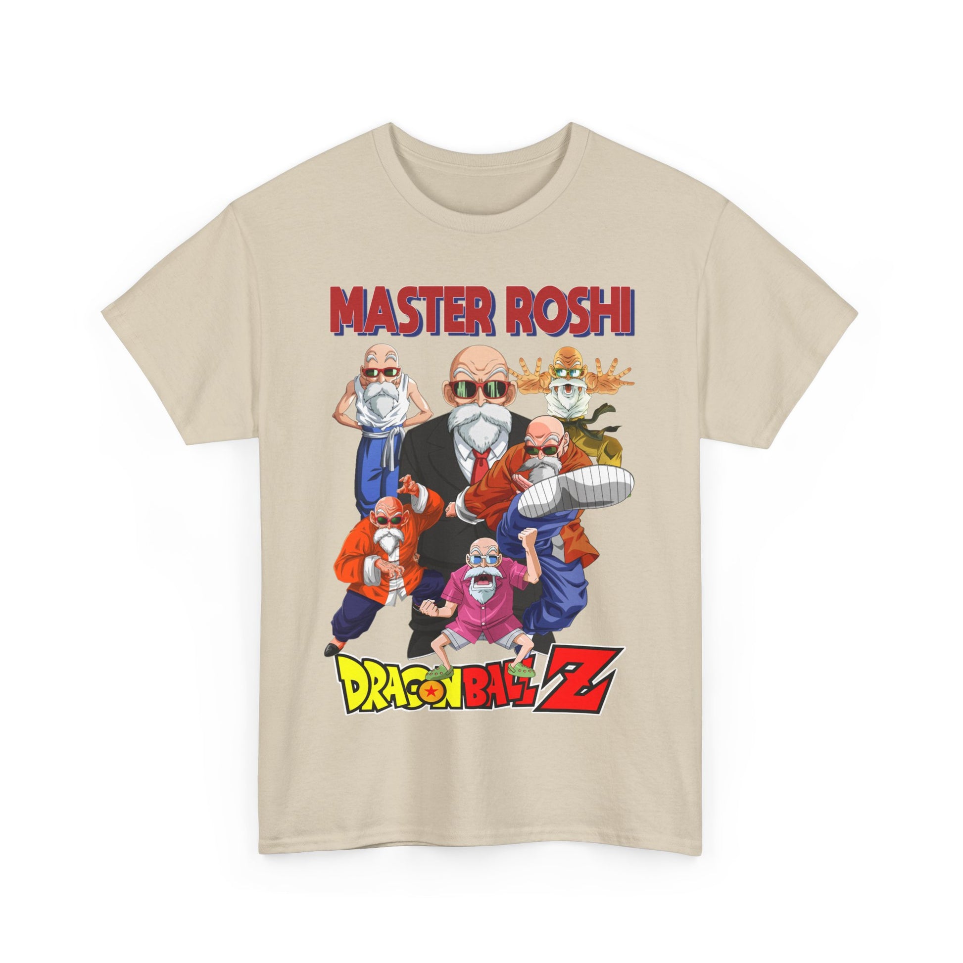Luxurious Dragon Ball Z Master Roshi T-shirt featuring vibrant characters in captivating poses, perfect for anime enthusiasts.