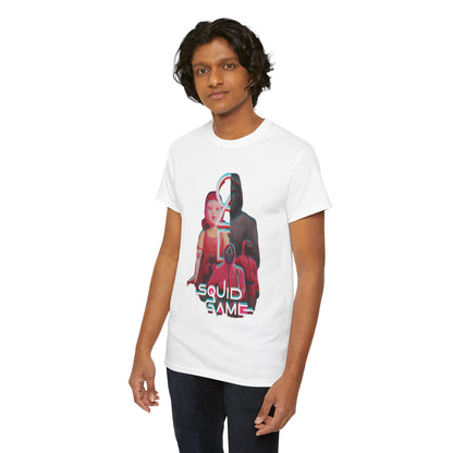 Elegant unisex cotton tee with a striking Squid Game graphic, designed for fans and fashion enthusiasts alike, embodying a bold and humorous style.