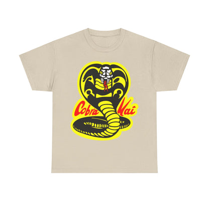 Cobra Kai Graffiti Graphic Unisex T-Shirt in beige, showcasing the iconic Cobra Kai logo, perfect for refined casual occasions.
