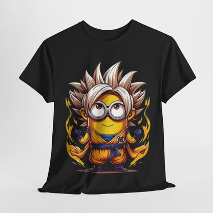 Minion´s Dragon Ball Z Mashup Unisex Men´s Women´s Graphic T Shirt Tee featuring a cartoon Minion with spiky blonde hair wearing a vibrant orange and blue gi, surrounded by flames. This funny T Shirt is perfect for fans and showcases a unique blend of Minions and Dragon Ball Z.