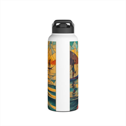 Chic Fantasy Paddleboarding Stainless Steel Water Bottle adorned with an intricate design showing paddleboarders, merging luxury with practicality for those on the water.
