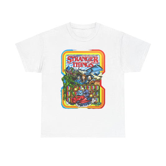 Elegant unisex Stranger Things graphic T-shirt displaying colourful, intricate designs of beloved characters and themes from the cult series, perfect for fans of luxury and nostalgia.