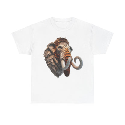 Mammoth Majesty Unisex Graphic Tee in white, featuring an exquisite graphic of a mammoth portrayed through a unique newspaper design, ideal for those who appreciate artistic elegance in their wardrobe.