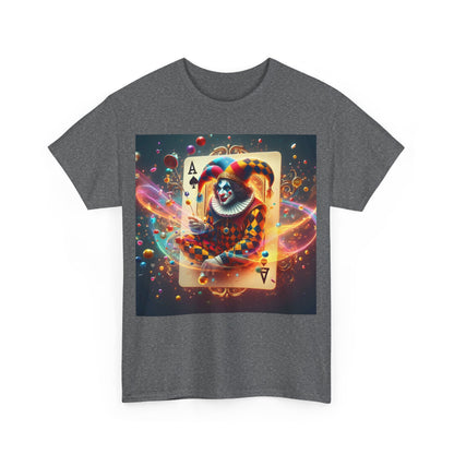 Front view of unisex Harlequin Playing Card Graphic Tee featuring vibrant harlequin design and playing card graphic, perfect for fashion-forward individuals.