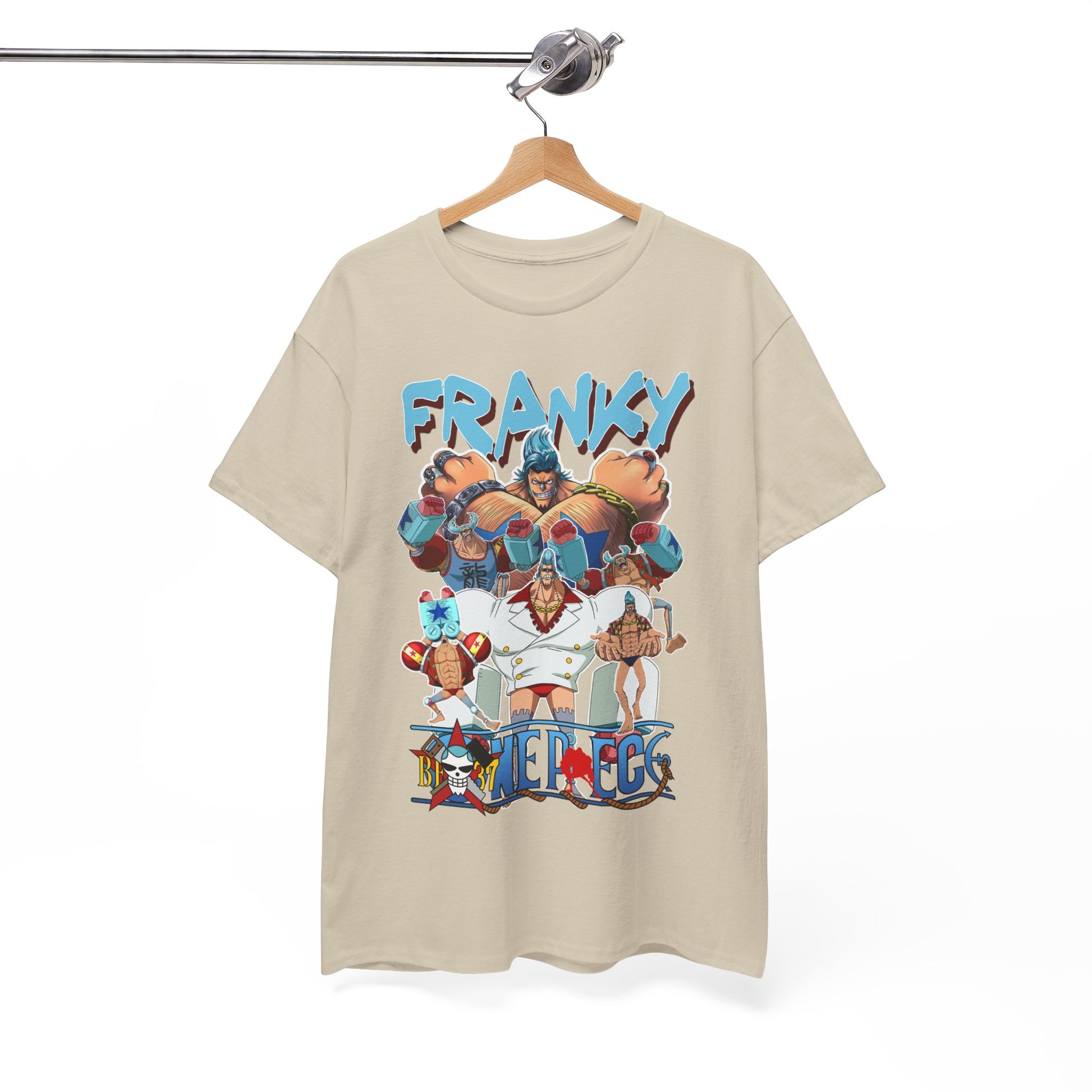 Stylishly showcased Franky graphic t-shirt on a wooden hanger, highlighting intricate anime details and premium fabric.