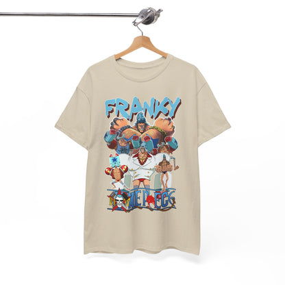Stylishly showcased Franky graphic t-shirt on a wooden hanger, highlighting intricate anime details and premium fabric.