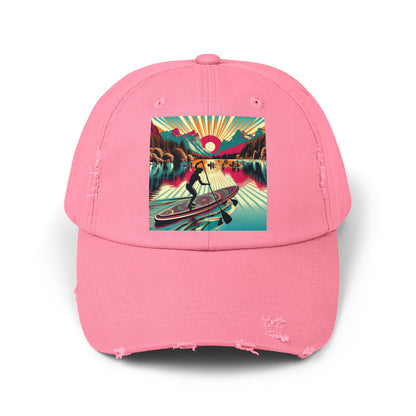 Unisex Distressed Paddleboarders Cap in pink adorned with an enchanting fantasy design, tailored for those who embrace adventure.