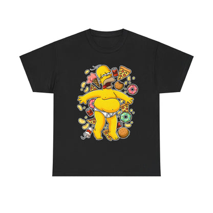 Homer's Gluttonous Glory Unisex Cotton Tee Graphic T Shirt featuring a vibrant illustration of Homer Simpson, joyfully surrounded by an array of delicious snacks, set against a classic black background.