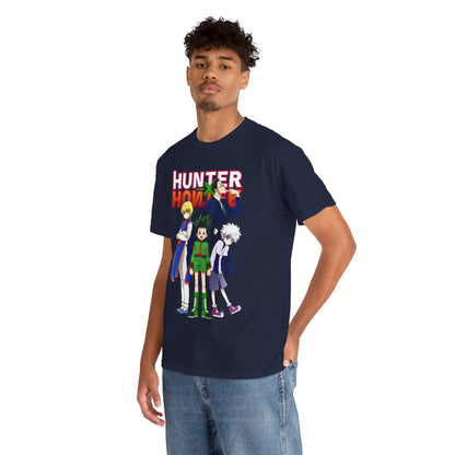Fashionable male model wearing a Hunter x Hunter T-shirt, presenting a striking group illustration of anime characters, ideal for stylish anime aficionados.