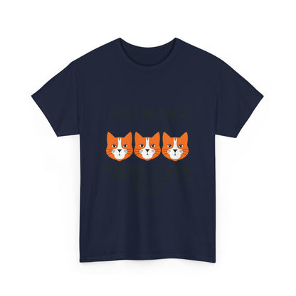 Front view of the sophisticated Crazy Cat Lady Graphic T-Shirt in navy blue adorned with three cat illustrations and the humorous phrase 'I Was Normal Three Cats Ago', ideal for cat aficionados.