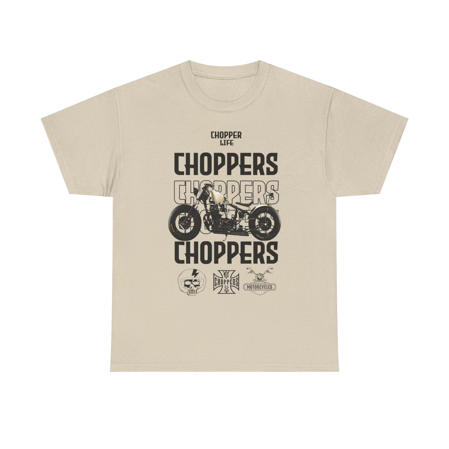 Luxurious beige custom T-shirt featuring bold 'CHOPPERS' graphic design and motorcycle illustration, perfect for any biker's wardrobe.
