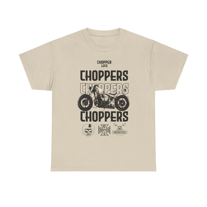 Luxurious beige custom T-shirt featuring bold 'CHOPPERS' graphic design and motorcycle illustration, perfect for any biker's wardrobe.