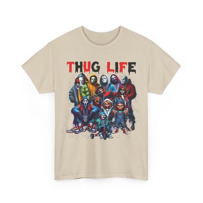 Thug Life Horror Collective Graphic T-Shirt featuring iconic horror characters reimagined with a hip-hop aesthetic, perfect for urban streetwear enthusiasts.