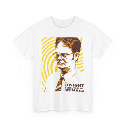 Elegant white t-shirt adorned with 'Dwight is My Sensei' graphic, highlighting a captivating illustration of Dwight Schrute surrounded by vibrant yellow concentric patterns.