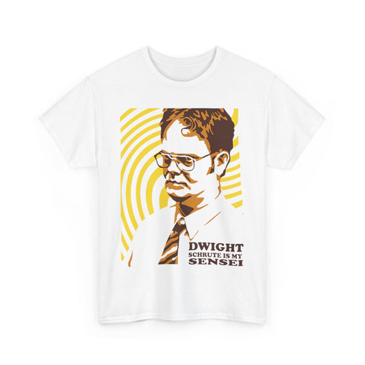 Elegant white t-shirt adorned with 'Dwight is My Sensei' graphic, highlighting a captivating illustration of Dwight Schrute surrounded by vibrant yellow concentric patterns.
