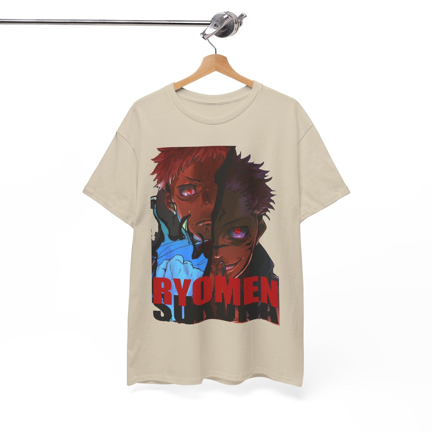 Chic hanging beige Ryomen Sukuna anime t-shirt with vibrant graphics of two iconic characters, designed for sophisticated anime fans.