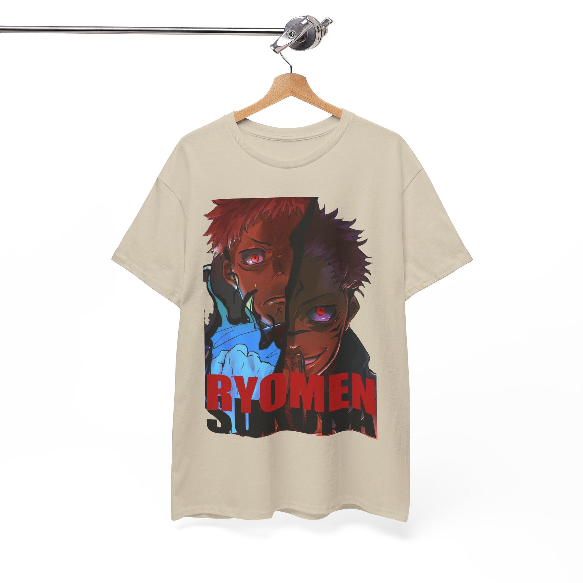 Chic hanging beige Ryomen Sukuna anime t-shirt with vibrant graphics of two iconic characters, designed for sophisticated anime fans.