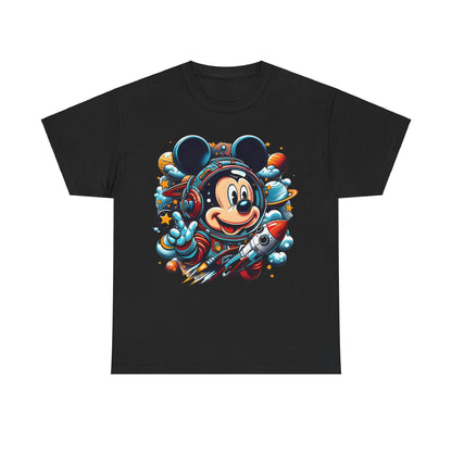 Luxury unisex graphic tee featuring a vibrant Mickey Mouse astronaut design, showcasing Mickey in a bold space suit with a dynamic rocket, perfect for stylish adventures.