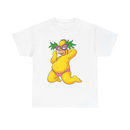 Luxury Homer Simpson Unisex Cotton Tee - Graphic T-Shirt featuring a vibrant caricature design of Homer Simpson in pink bikini bottoms and decorative purple mask with palm-like green details against a pristine white background.