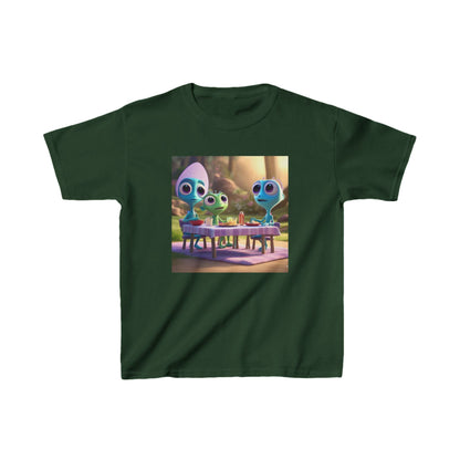 Kids Cute Aliens Heavy Cotton Tee in dark green, featuring playful alien characters engaging in a whimsical tabletop game, perfect for stylish young explorers.