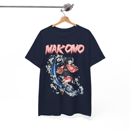 Luxurious Makomo Anime T-Shirt featuring dynamic water splash art, ideal for anime fans, showcased on a wooden hanger.