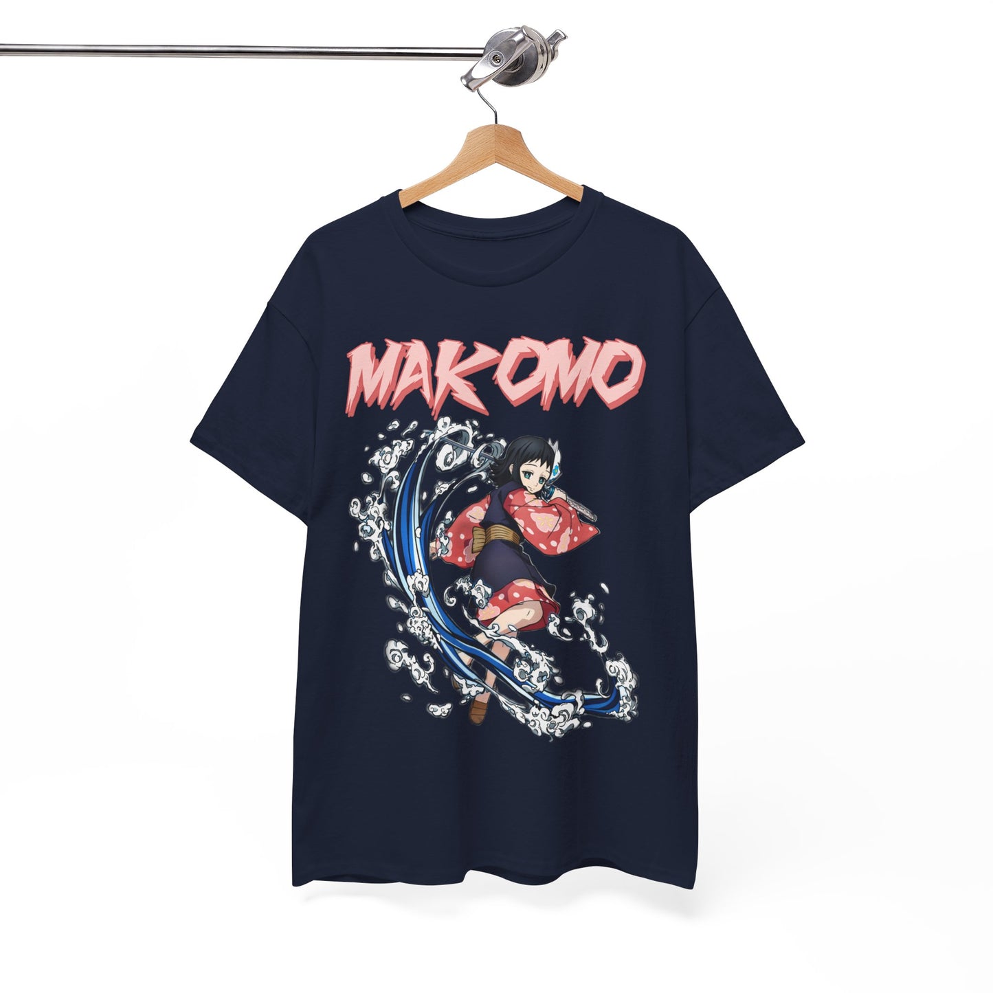 Stylish Makomo Anime T-Shirt elegantly presented on a hanger, showcasing bold design and luxurious fabric.