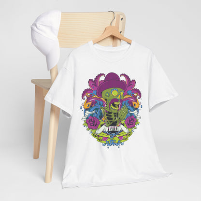 Artfully displayed vibrant skeleton t-shirt on a hanger, highlighting intricate designs of octopus tentacles and roses for a unique fashion statement.